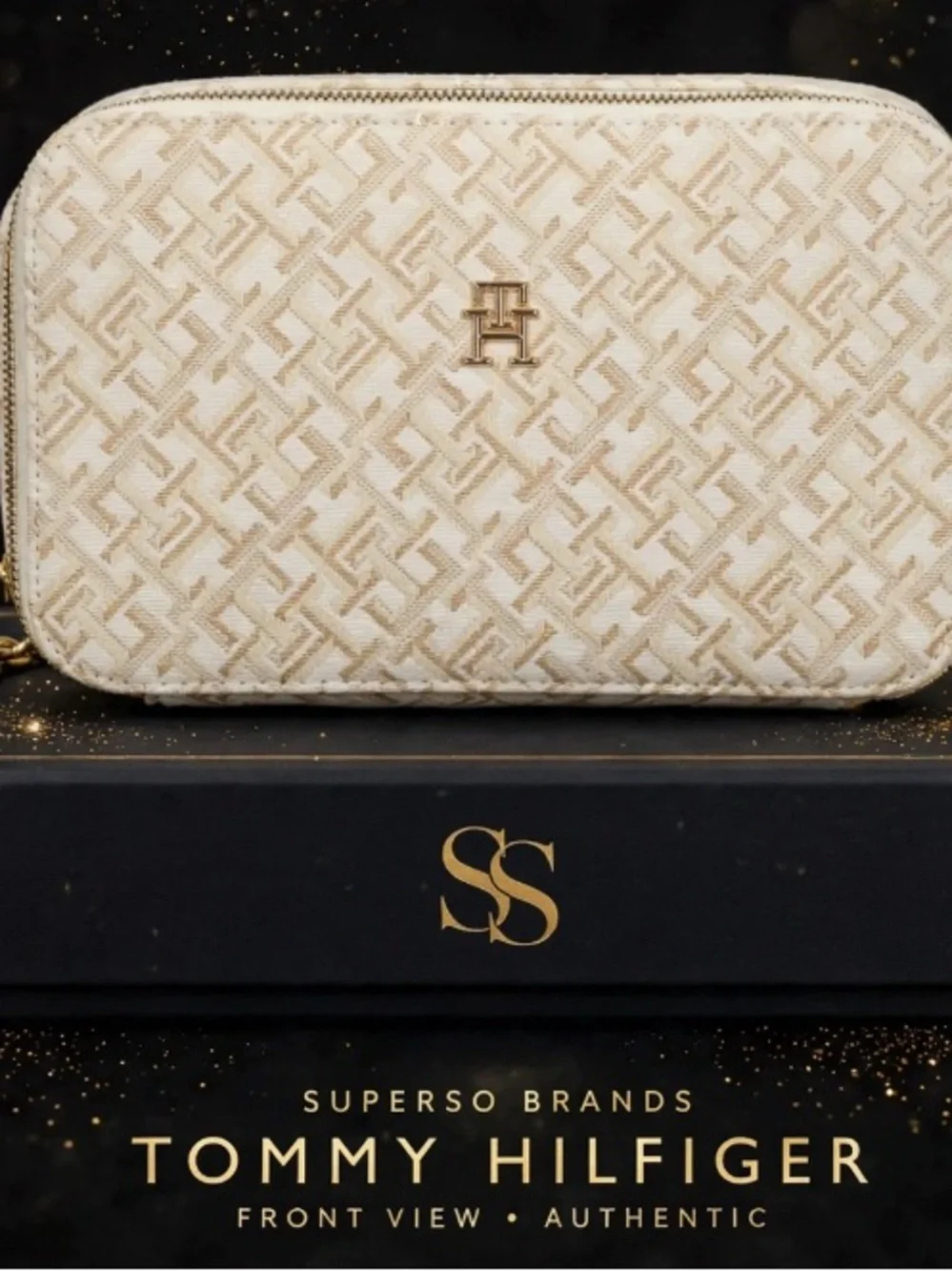 Tommy Hilfiger Cream & Beige Monogram Cosmetic Pouch with Gold TH Logo
